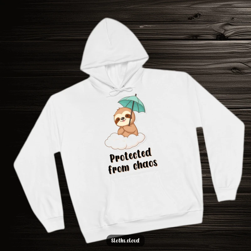 Funny sloth holding a tiny umbrella, drifting peacefully on a cloud, printed on a warm and cozy hoodie.