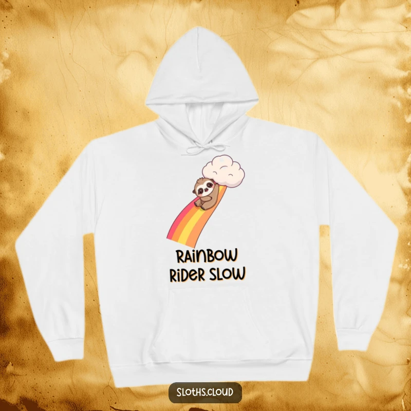 Funny kawaii sloth hoodie featuring a cute sloth sliding down a rainbow from a cloud, ideal for playful everyday wear.