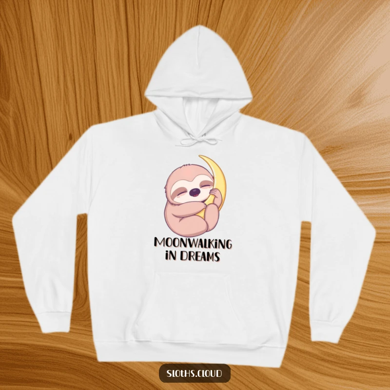Funny hoodie depicting a sleeping sloth hugging a crescent moon, offering a cozy and peaceful design for ultimate relaxation and dreaminess.