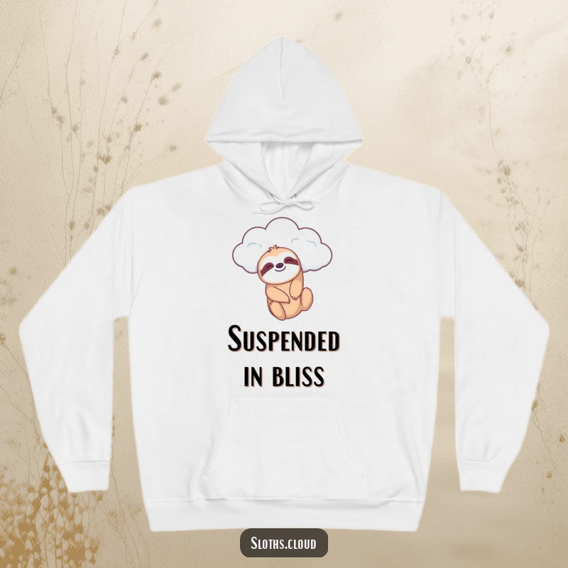 Funny hoodie depicting a calm sloth dangling from a cloud, offering a cozy and peaceful design for ultimate relaxation and contentment.