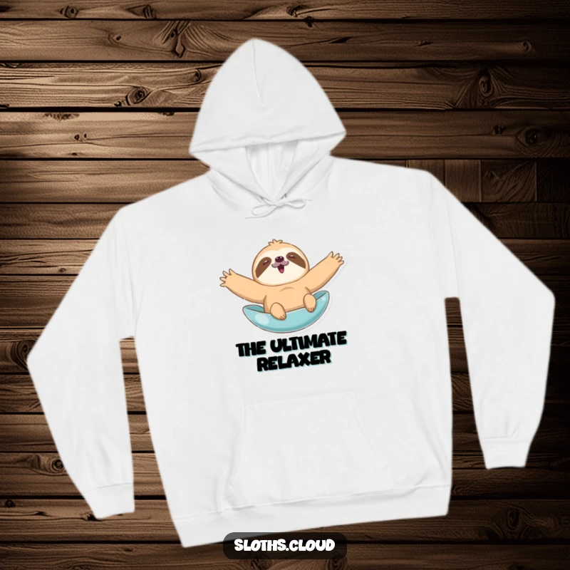 Funny hoodie showing a content sloth with arms spread wide, leisurely floating, offering warmth and a humorous, relaxed vibe.