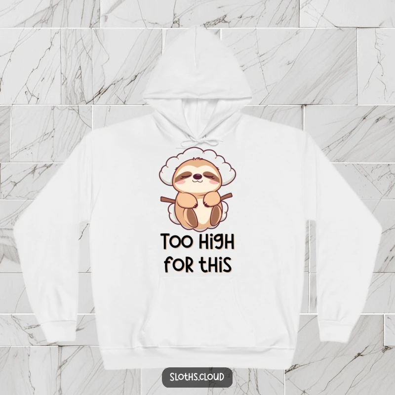 Funny sloth hoodie, eyes closed, serenely carried by a fluffy cloud. A cozy, humorous statement piece for relaxation lovers.