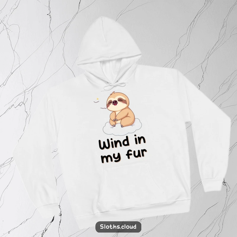 Funny hoodie featuring a sloth relaxing in a gentle breeze on a cloud, offering cozy comfort and a humorous, peaceful design.