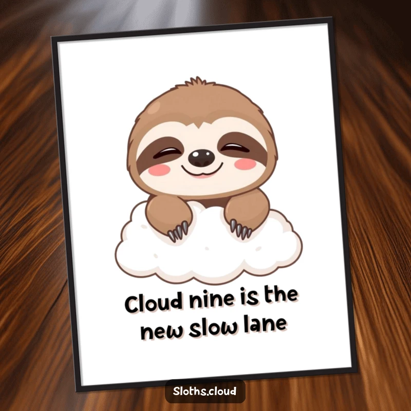Funny Free Printable Wall Art: A cute sloth with a sleepy grin peeking over a fluffy white cloud, perfect decor.