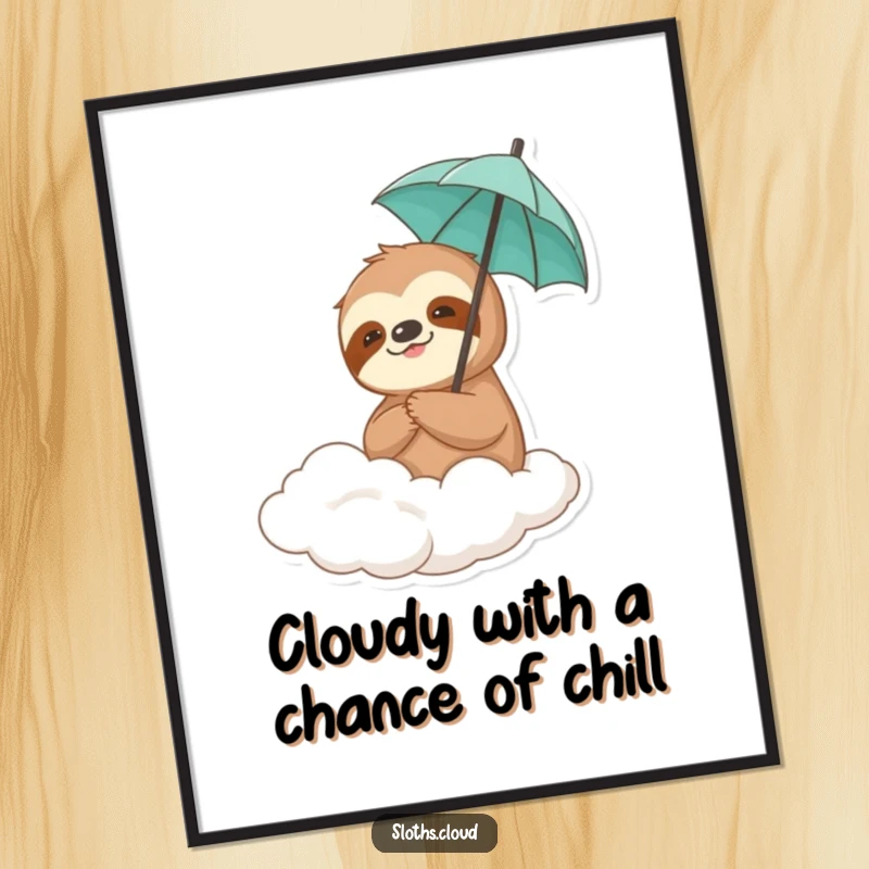 Funny Free Printable Wall Art: A cute sloth holding a tiny umbrella, drifting peacefully on a cloud.