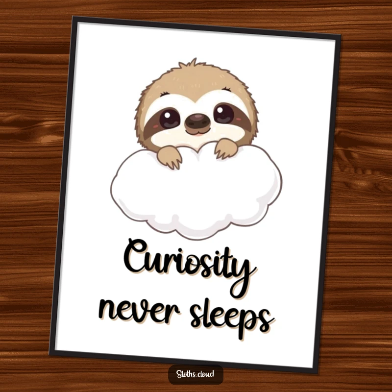 Funny Free Printable Wall Art of a cute sloth peeking from a fluffy cloud, bringing curiosity and humor to your decor.
