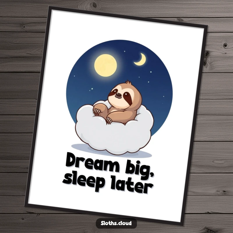 Funny Free Printable wall art showing a sloth lounging in a cozy cloud armchair, peacefully gazing at the moonlit sky.