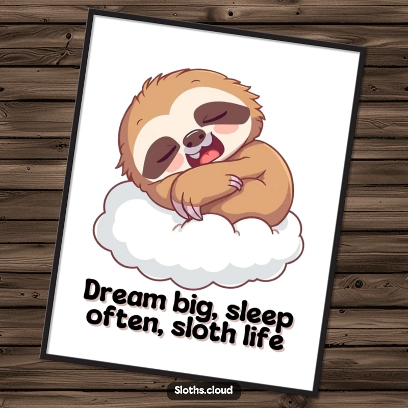 Funny Free Printable Sloth Wall Art: A charming, sleepy sloth curled up and yawning on a soft cloud, embodying ultimate relaxation.