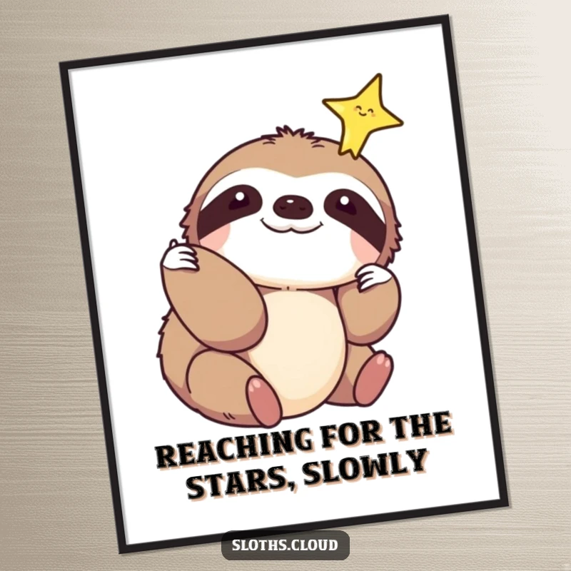 Peaceful free printable wall art of a sloth gently reaching out to touch a dazzling, sparkling star, evoking wonder and calm.