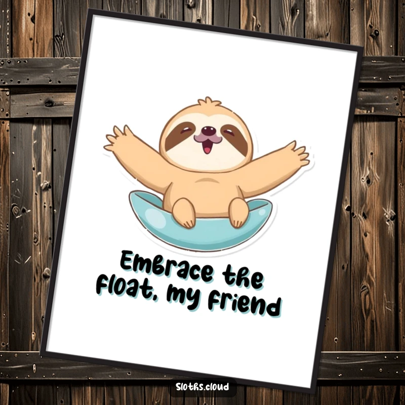 Funny Free Printable Wall Art: A sloth joyfully floats with arms wide, embodying ultimate relaxation and happiness.