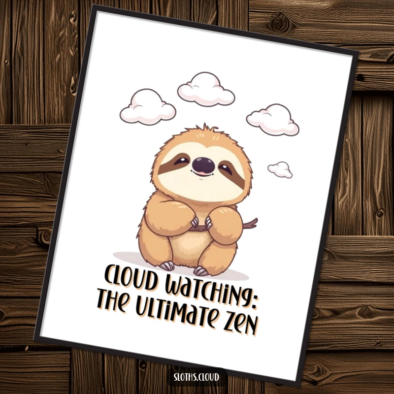 Funny Free Printable Wall Art: A sloth with a gentle smile watches fluffy clouds drift by, promoting peace and humor.
