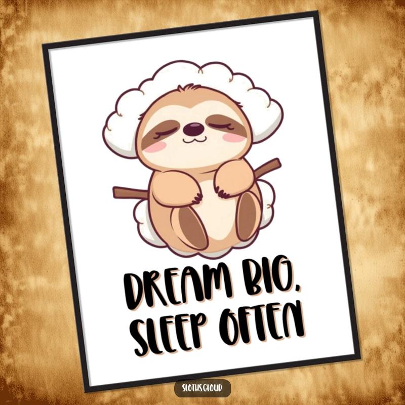 Funny Free Printable Wall Art showcasing a hilarious sloth being carried by a cloud, adding whimsical charm to any room.
