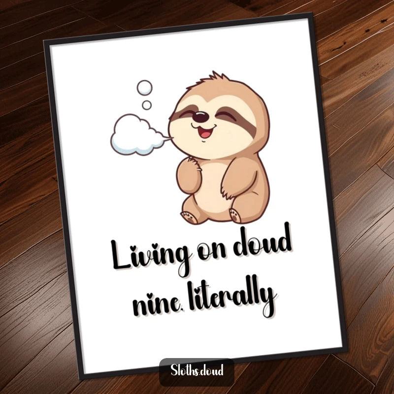 Funny Free Printable Wall Art: A joyful sloth blows a gentle cloud-shaped puff of air, spreading happiness.