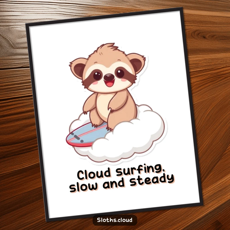 Funny free printable wall art: Cute kawaii sloth with eyes closed joyfully surfing a big fluffy cloud like a surfboard.
