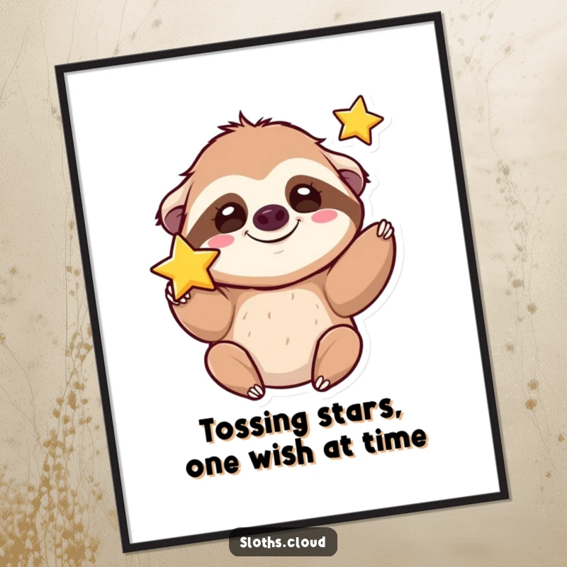 Funny Free Printable Wall Art: A cheerful kawaii sloth with a silly grin is captured mid-action tossing a bright, twinkling star into the air.