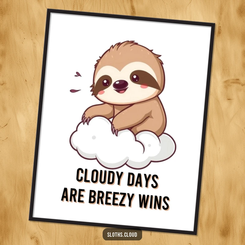 Funny Free Printable Wall Art: A kawaii sloth blissfully enjoys a gentle breeze while resting on a soft cloud.