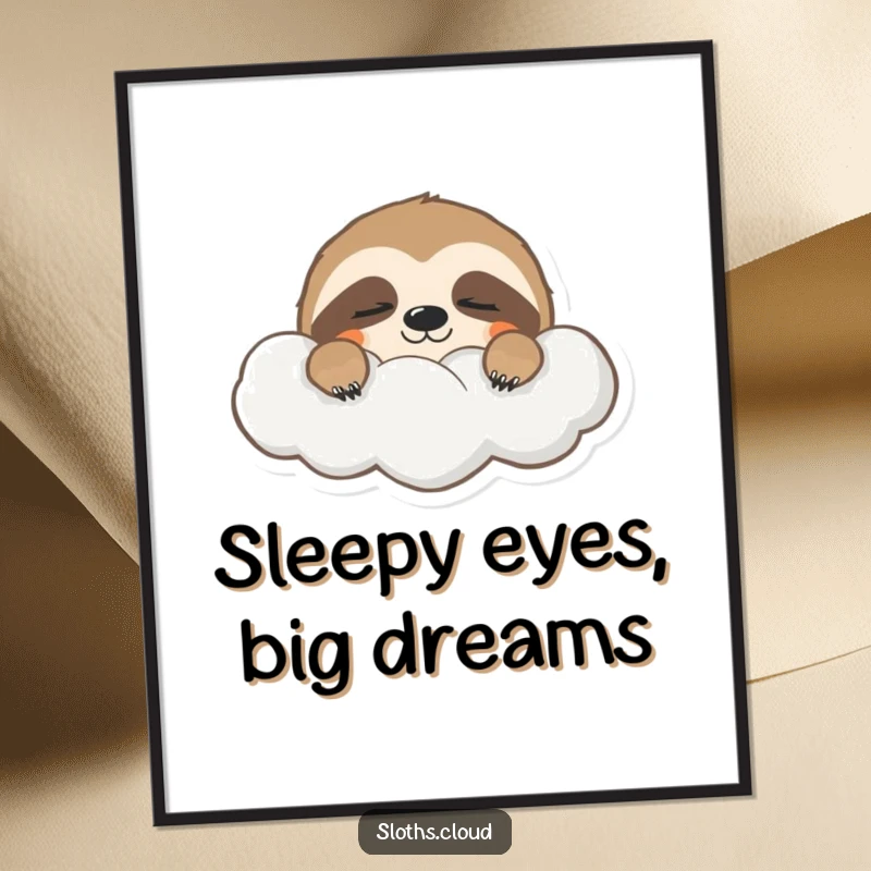 Funny Free Printable Wall Art: A sloth with half-closed, sleepy eyes peeks curiously from behind a soft cloud.
