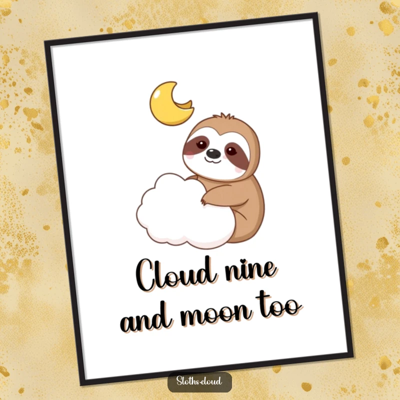 Funny free printable wall art depicting a sloth and a smiling moon sharing a cloud, creating a humorous and serene celestial scene.