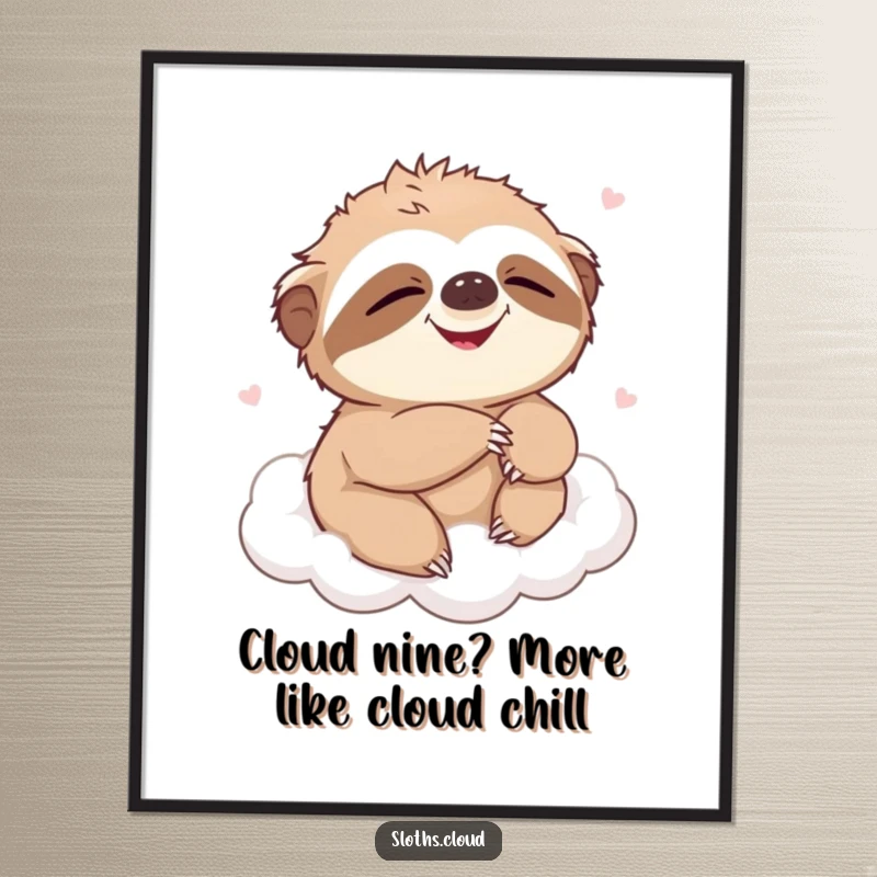Funny Free Printable wall art depicting a contented sloth chuckling softly on a cloud, with fur ruffled by a gentle breeze.