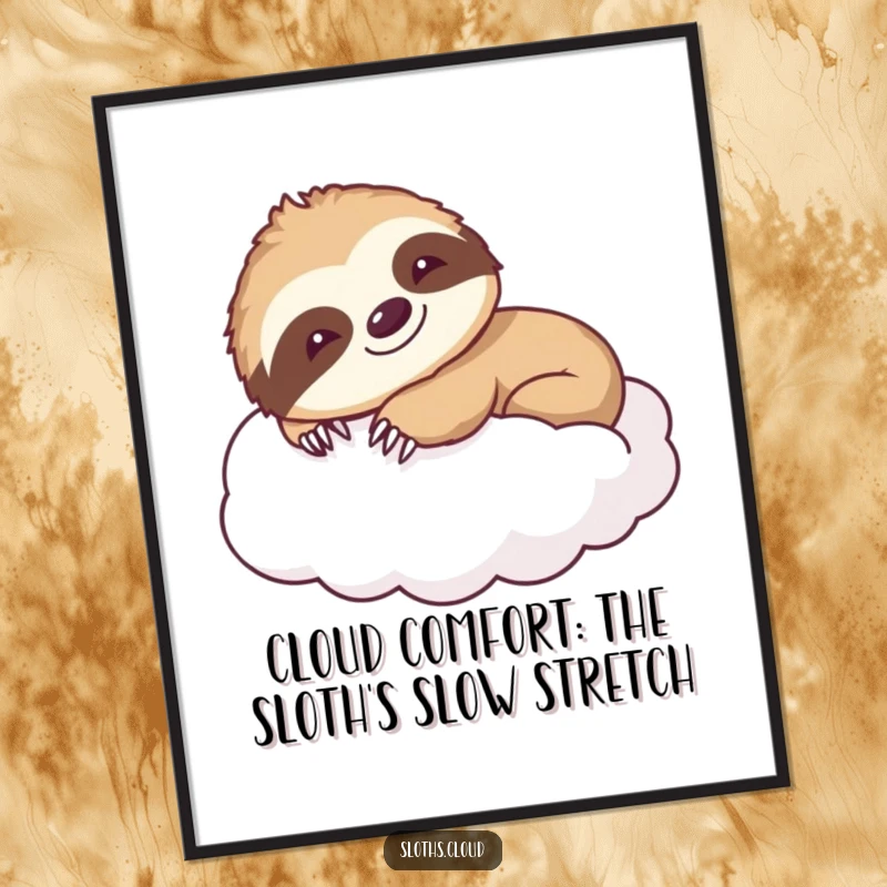 Free Printable Wall Art: A smiling sloth stretches out contentedly on a fluffy cloud, bringing a feeling of relaxation to your room, art.