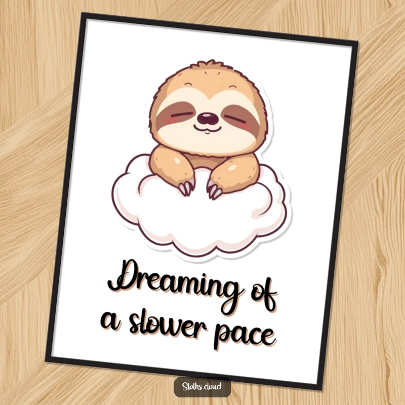 Funny Free Printable Wall Art: A sloth with closed eyes floating peacefully on a soft cloud, perfect relaxation art.