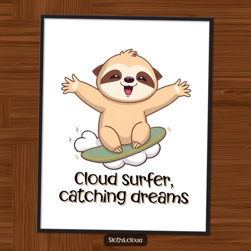 Funny Free Printable wall art depicting a thrilled sloth expertly surfing on a wispy cloud, arms outstretched in pure exhilaration.
