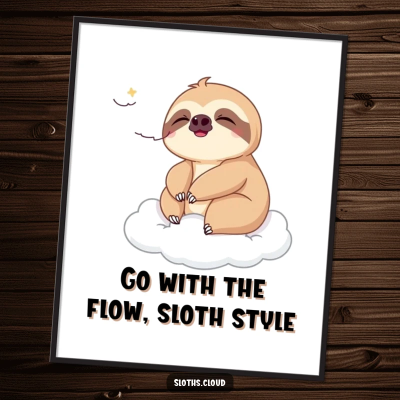 Funny Free Printable Sloth Wall Art: A calm sloth blissfully enjoying a gentle breeze while resting on a soft cloud, creating a serene scene.