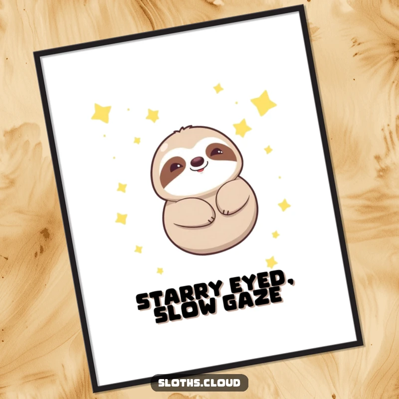 Funny free printable wall art: Cute kawaii sloth smiling serenely while floating peacefully amongst a sky full of twinkling stars.