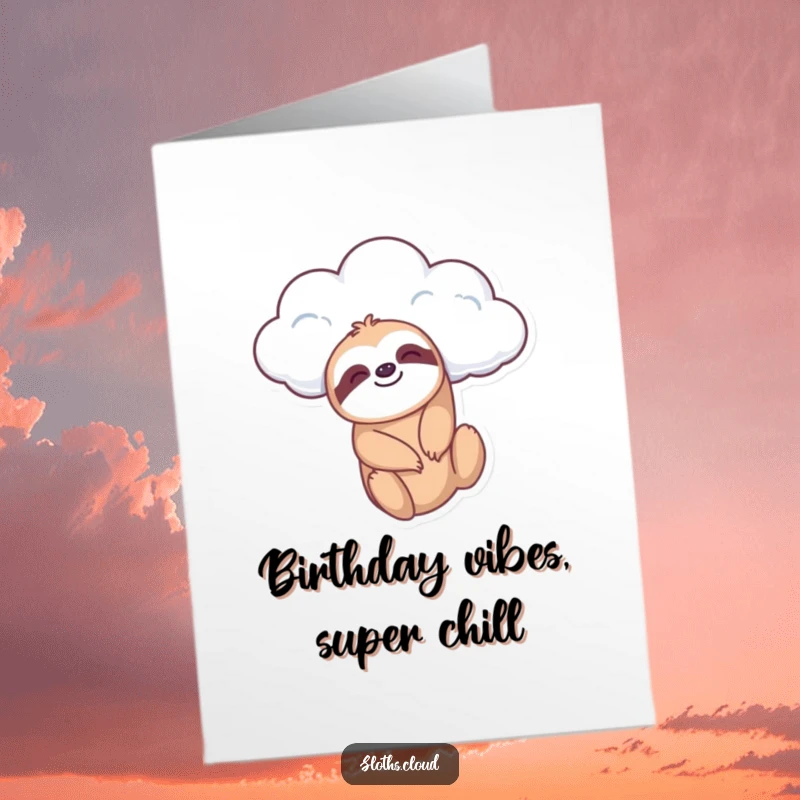 Funny Free Printable Birthday Card: A sloth smiles calmly while dangling from a fluffy cloud, embodying relaxation.