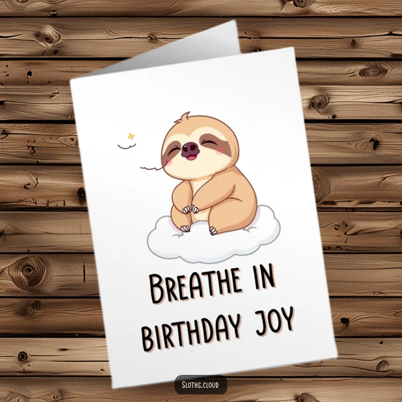 Funny Free Printable Sloth Birthday Card: A serene sloth enjoying a gentle breeze while resting on a soft cloud, wishing happy birthday.