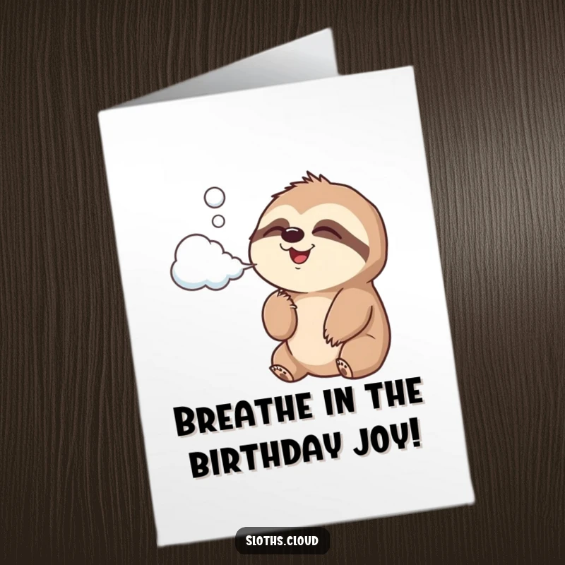 Funny Free Printable Birthday Card: A joyful sloth blows a cloud-shaped puff of air, spreading birthday cheer.