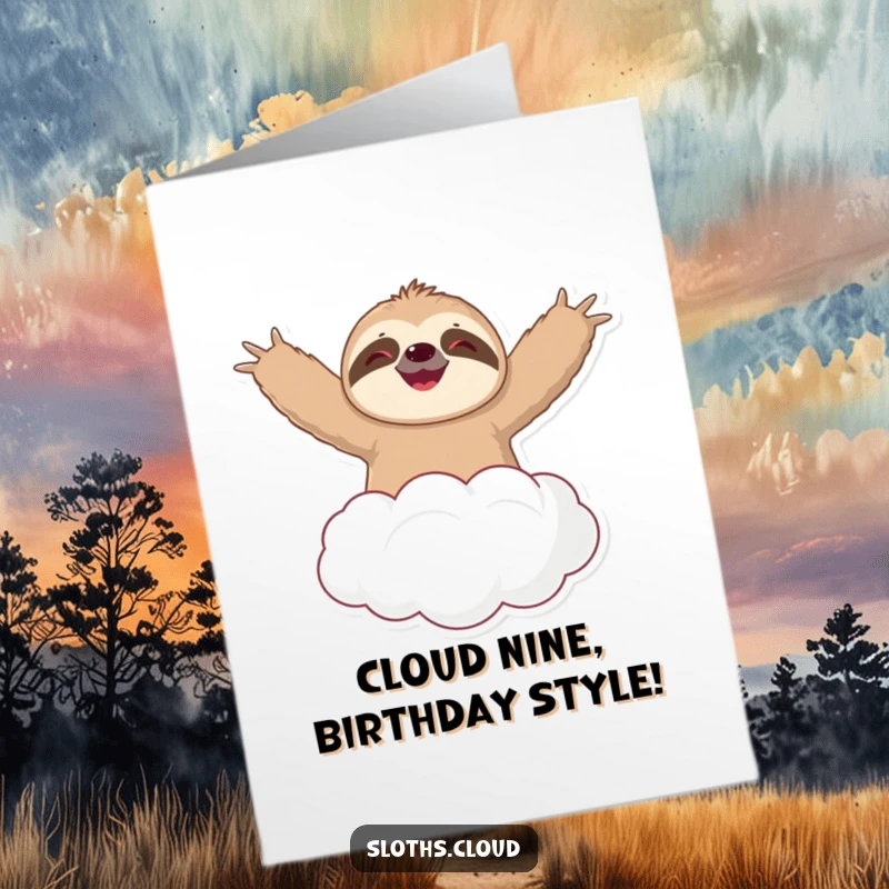 Funny Free Printable Birthday Card: Happy sloth arms wide open floating on a cloud, pure birthday bliss.