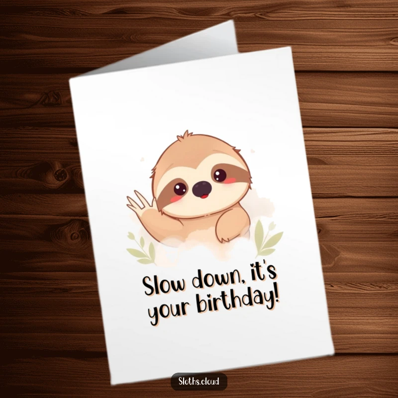 Funny Free Printable Birthday Card with a shy sloth waving from fog, wishing a slow and happy celebration, a cute downloadable greeting.