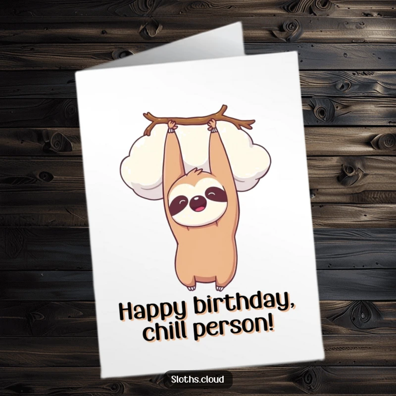 Funny Free Printable Birthday Card featuring a kawaii sloth hanging upside down from a cloud, wishing a peaceful celebration, a cute downloadable greeting.