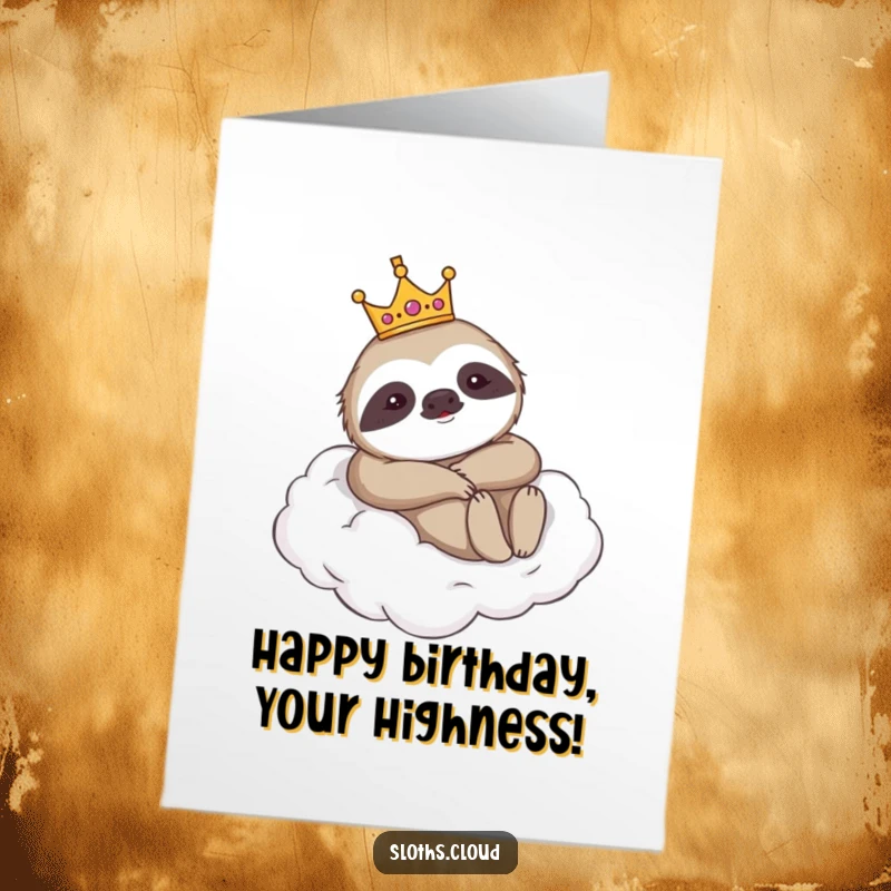 Funny Free Printable Birthday Card: A sloth wearing a tiny crown lounges regally on a majestic cloud, wishing happy birthday.