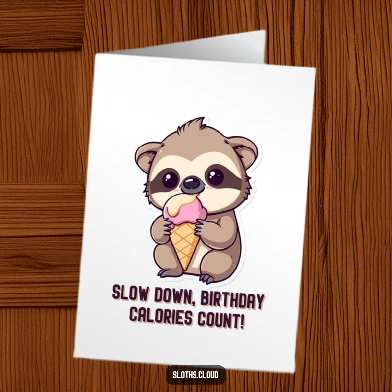 Funny Free Printable Birthday Card: Kawaii sloth happily holding a melting ice cream cone with a mischievous grin.