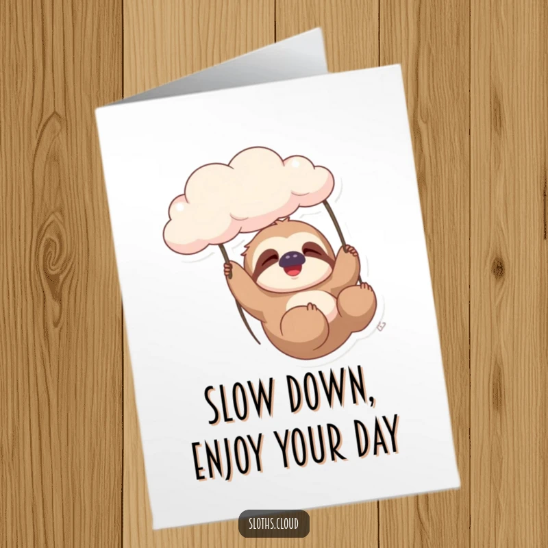 Funny Free Printable Birthday Card: A sloth gently swinging from a cloud, sighing with pure contentment.