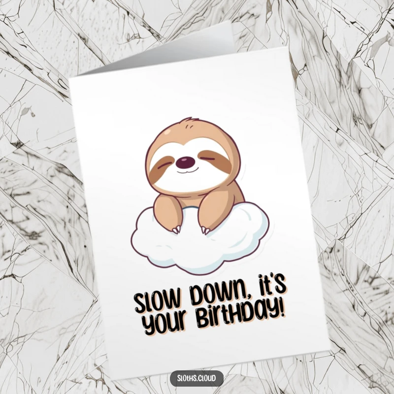 Free Printable Birthday Card: A cute sloth with closed eyes floats peacefully on a soft cloud, radiating tranquility, printable art.
