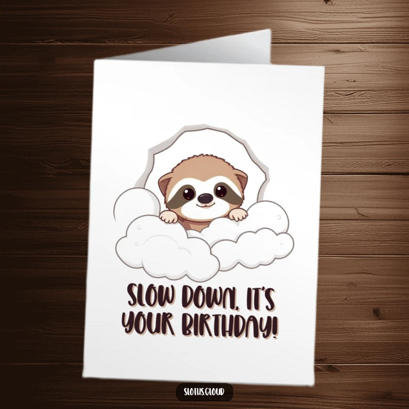 Funny Free Printable Sloth Birthday Card: A cute sloth peeking with a wide smile through fluffy clouds, wishing happy birthday.