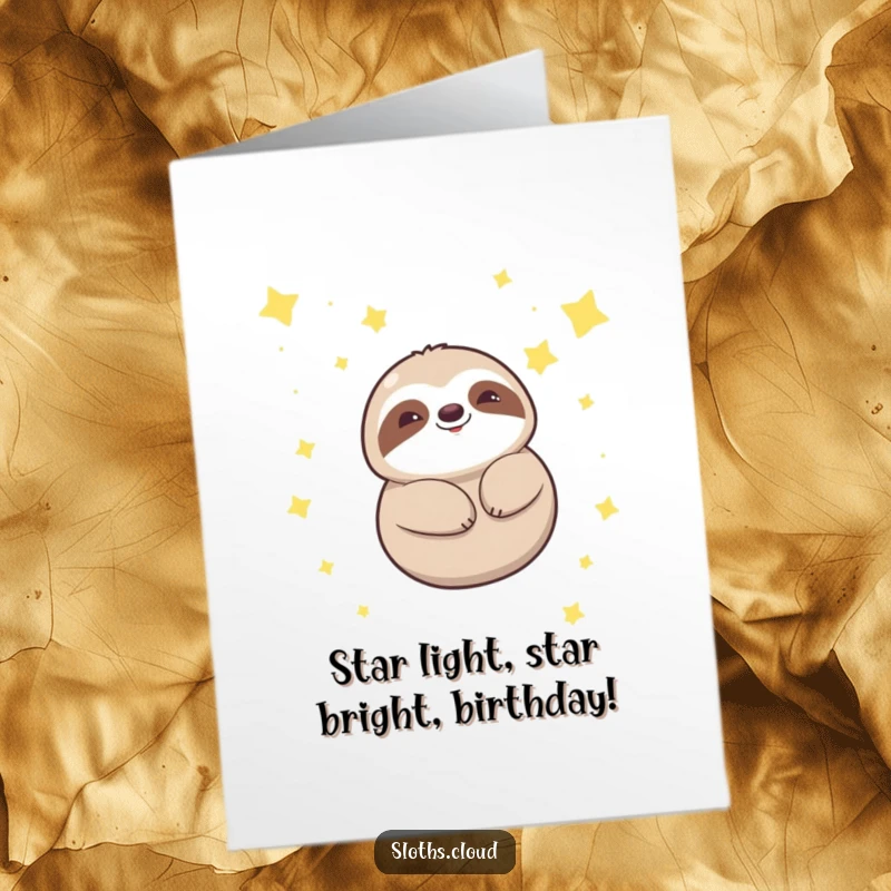 Funny free printable birthday card: Kawaii sloth smiling serenely while floating peacefully amongst twinkling stars in the night sky.