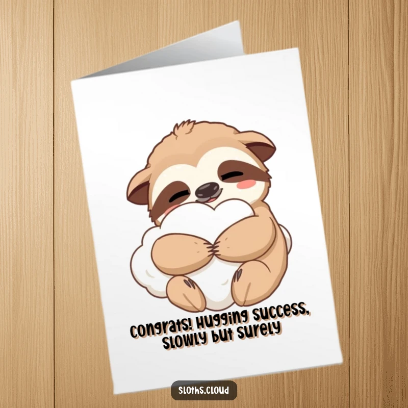 Free Printable Congratulations Card: A sloth hugs a cloud with deep contentment, symbolizing peaceful and happy achievements, downloadable.