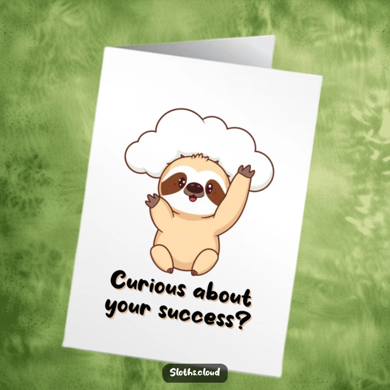 Funny Free Printable Congratulations Card: A sloth cautiously reaches a paw from a cloud, expressing curiosity.