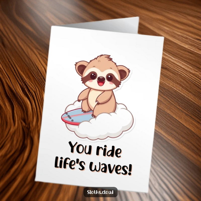 Funny free printable congratulations card: Adorable kawaii sloth with a huge grin riding a fluffy cloud like a surfboard.