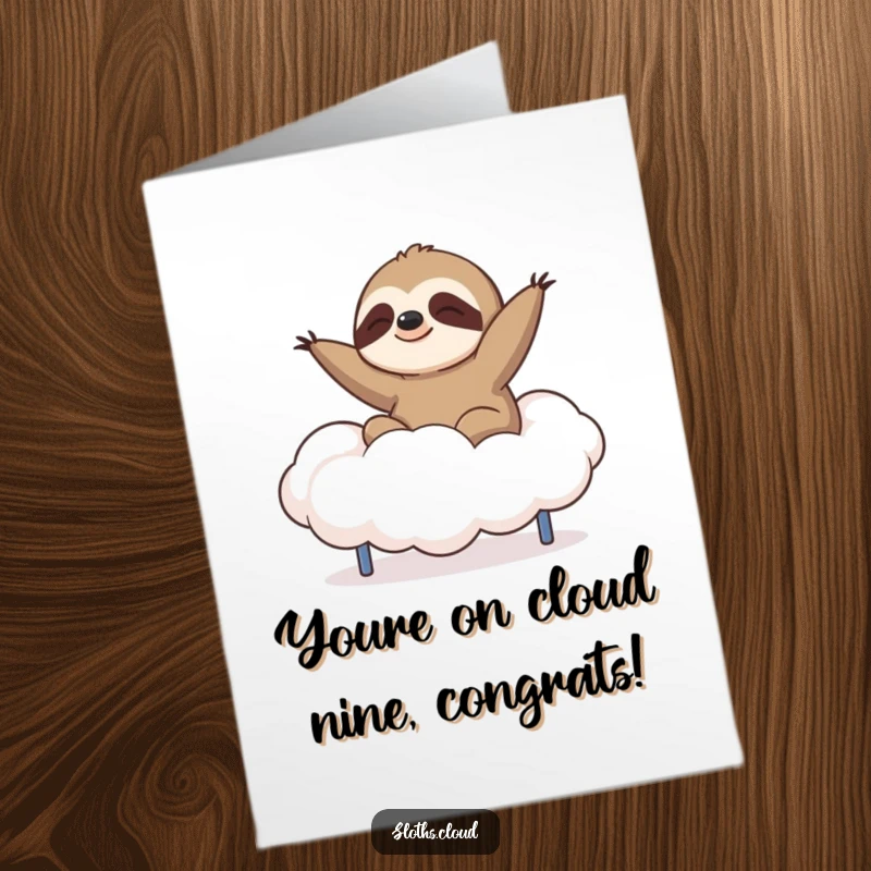 Funny Free Printable congratulations card showcasing a playful sloth using a soft cloud as a bouncy trampoline.