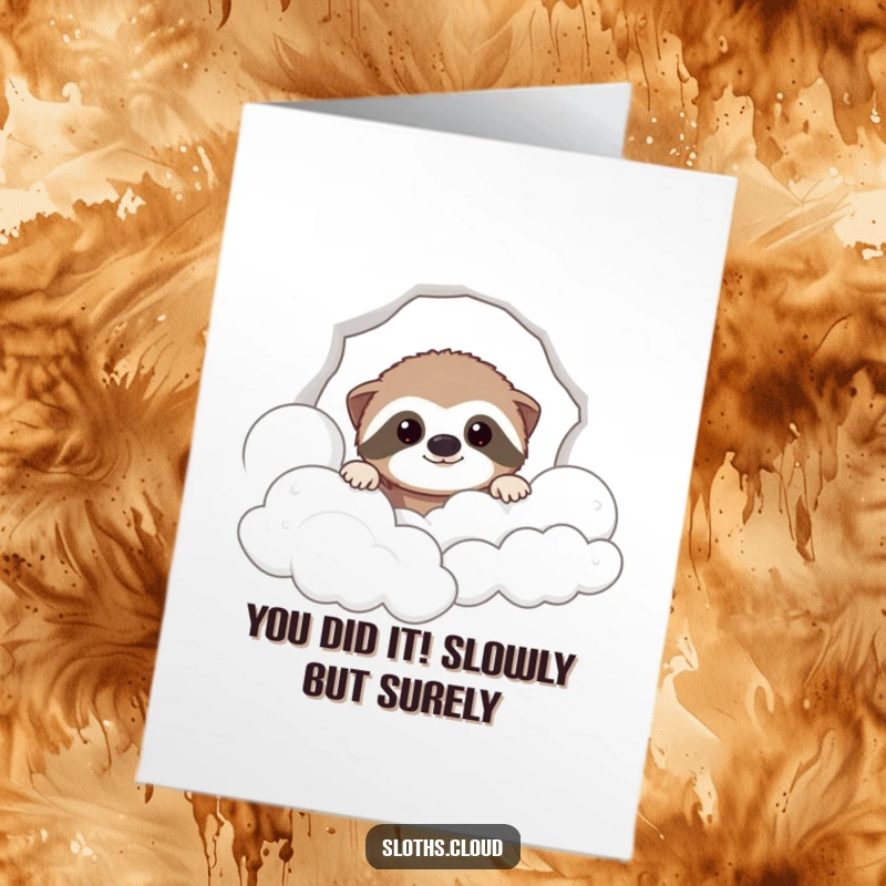 Funny Free Printable Sloth Congrats Card: A happy sloth peaking through clouds, celebrating success with a cheerful, wide-eyed expression.