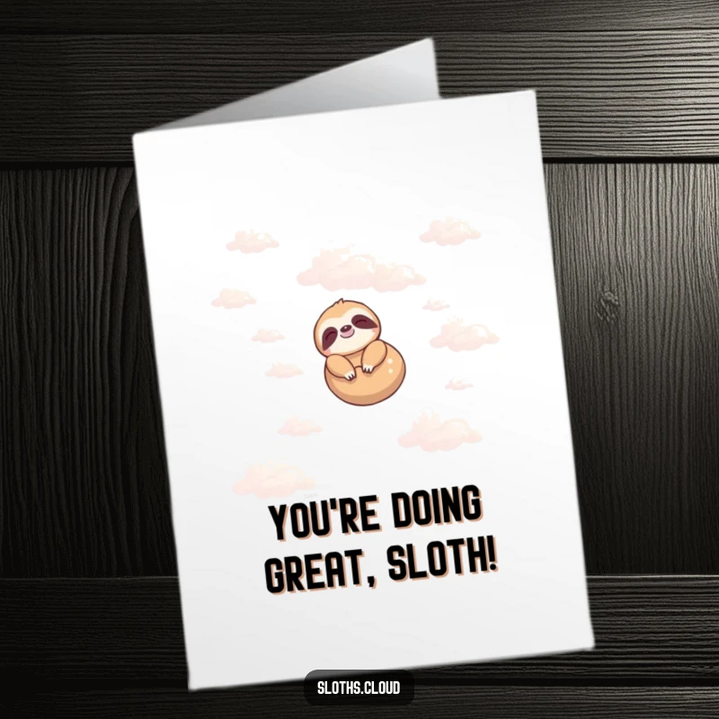 Funny Free Printable Congratulations Card: A joyful sloth drifts on a cloud, celebrating success with a relaxed vibe.