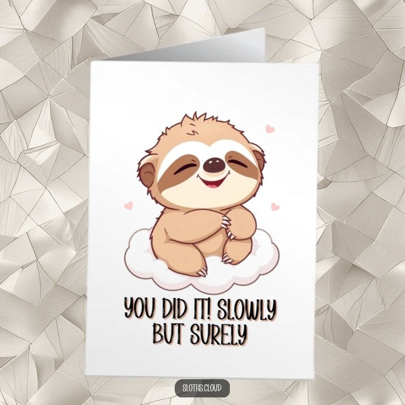 Funny Free Printable congratulations card featuring a sloth laughing joyfully while relaxing on a fluffy cloud.