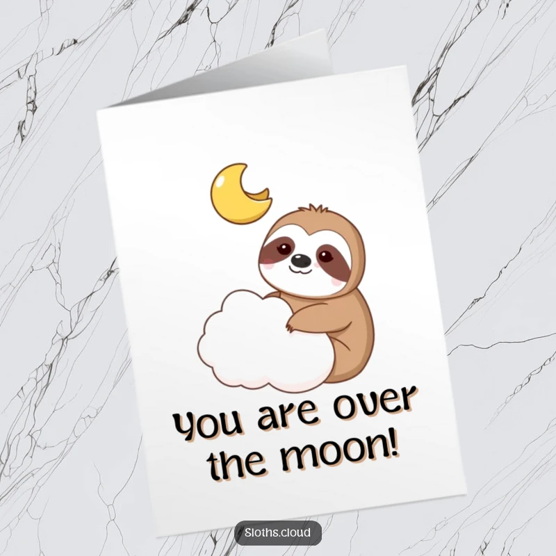 Funny free printable congratulations card featuring a sloth and a smiling moon sharing a cloud, celebrating achievements with cosmic flair.