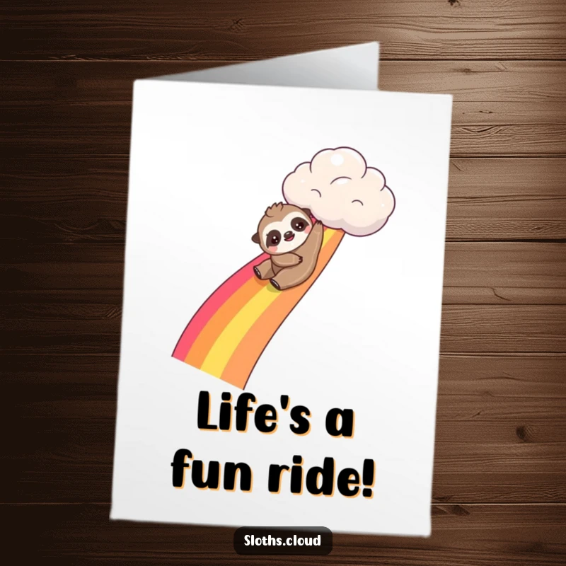 Funny free printable congratulations card: Cute kawaii sloth joyfully sliding down a colorful rainbow from a white cloud.