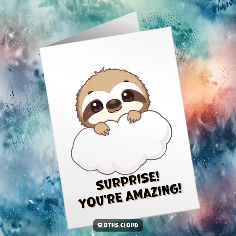 Funny Free Printable Congratulations Card with a curious sloth peeking from a cloud, celebrating achievements with a cheeky grin.